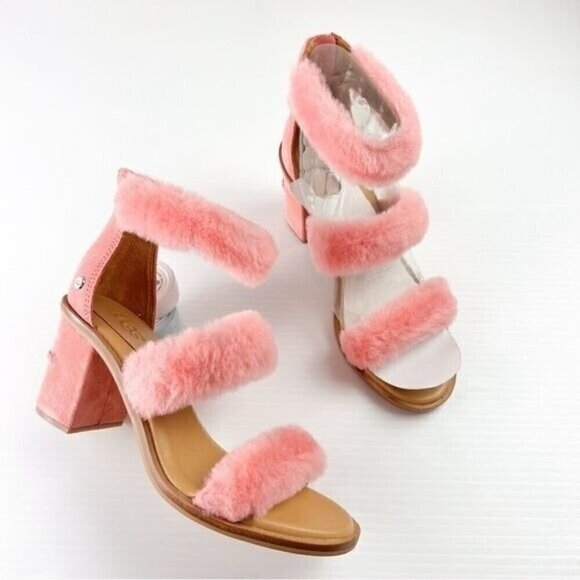 UGG sandals womens 6 Pink Del Rey Fluff Heel Open Toe Zip Closure - Picture 3 of 16